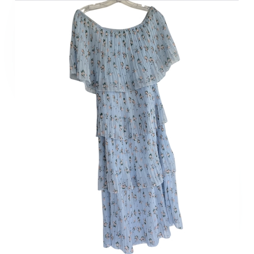 Long blue floral tiered ruffled off the shoulder peasant dress, M